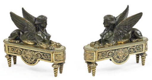 A PAIR OF FRENCH PATINATED BRONZE AND ORMOLU CHENETS