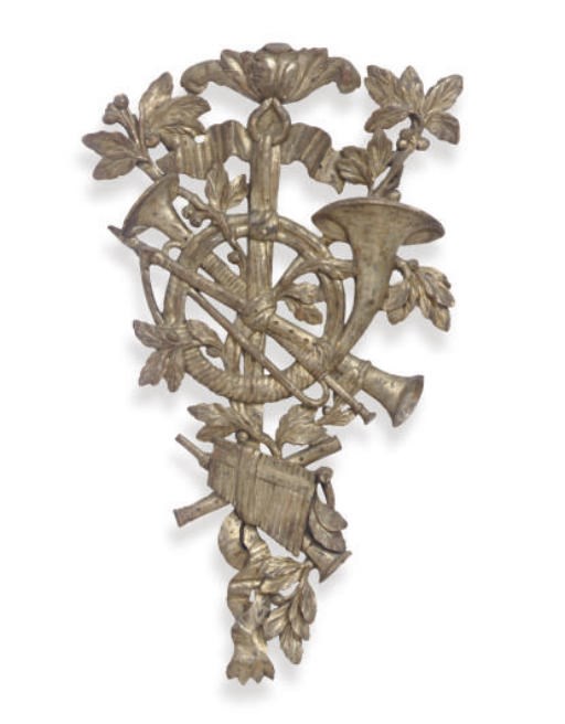 A PAIR OF FRENCH SILVERED-WOOD WALL TROPHIES WITH HUNTING IMPLEMENTS,
