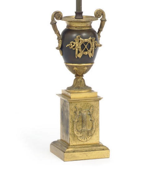 A RESTAURATION ORMOLU AND PATINATED BRONZE TWO-HANDLED VASE MOUNTED AS A LAMP,