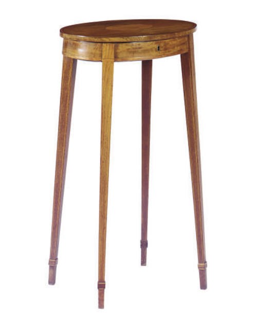A GEORGE III MAHOGANY AND SATINWOOD OVAL WORKTABLE,