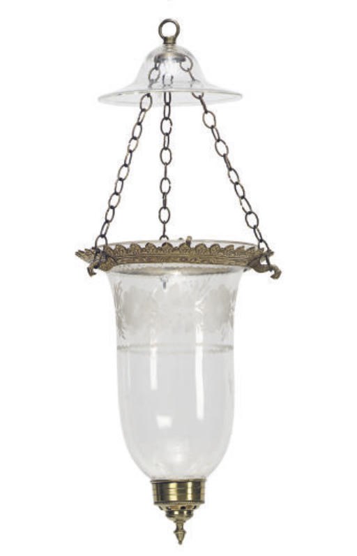 A VICTORIAN ETCHED-GLASS AND BRASS HALL LANTERN WITH SMOKE CANOPY,