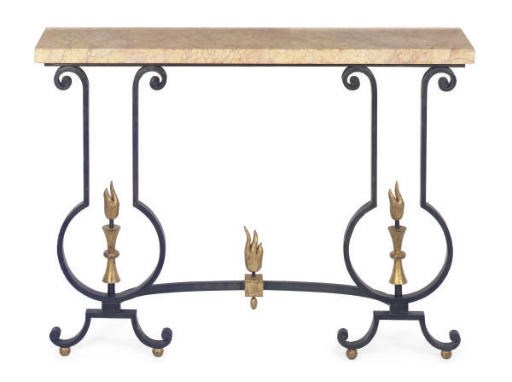 A PATINATED, GILT-METAL AND MARBLE CONSOLE TABLE,