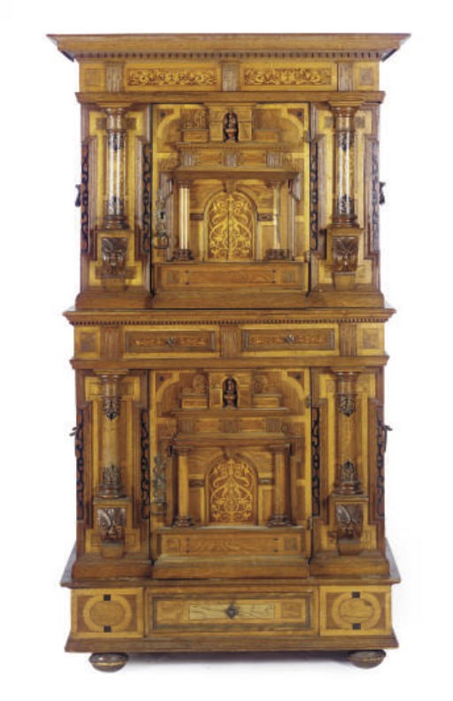 A GERMAN OAK, ASH, AND MARQUETRY CABINET,