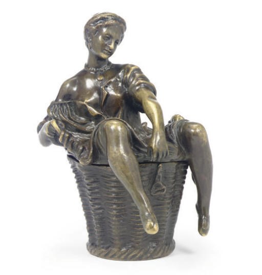 A CONTINENTAL PATINATED BRONZE EROTIC FIGURAL BOX,