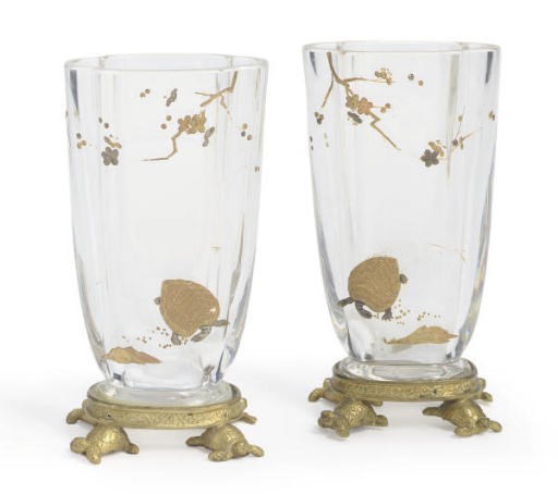 A PAIR OF FRENCH AESTHETIC MOVEMENT GILT-BRONZE MOUNTED AND GILT-ENHANCED GLASS VASES,