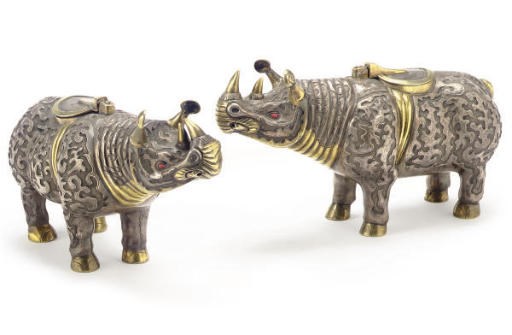 A PAIR OF CHINESE MIXED METAL RHINOCEROS-FORM INCENSE BURNERS**,