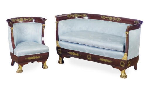 A SUITE OF GILT-METAL MOUNTED MAHOGANY AND PARCEL-GILT SEAT FURNITURE,