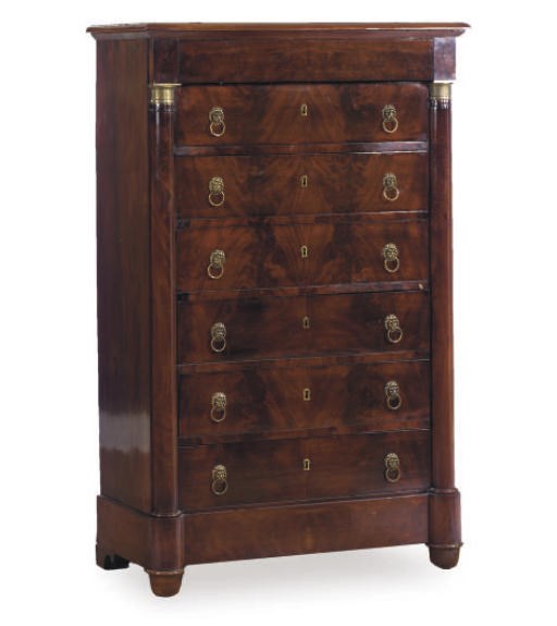 A FRENCH GILT BRONZE MOUNTED MAHOGANY TALL CHEST OF DRAWERS,