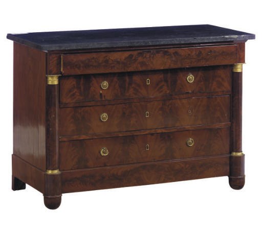 AN EMPIRE GILT BRONZE MOUNTED MAHOGANY AND BELGIAN MARBLE TOP COMMODE,
