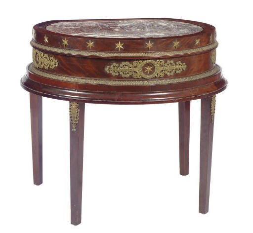 AN EMPIRE ORMOLU-MOUNTED MAHOGANY AND MARBLE TOP SIDE TABLE,