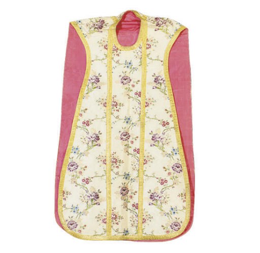 A GROUP OF THREE CHASUBLES, A LAPPET PANEL, A VELVET ALTAR CLOTH AND A FABRIC PANEL,