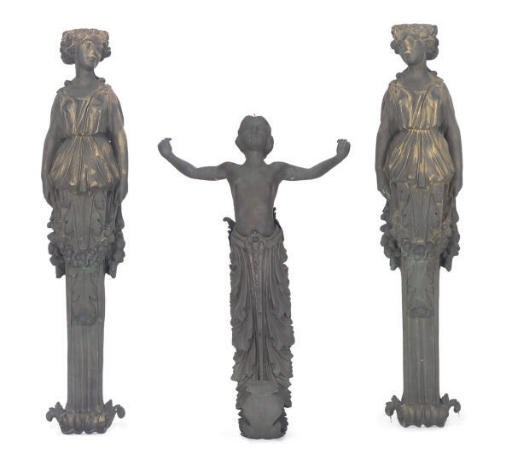 A PAIR OF PATINATED AND GILT-BRONZE FIGURAL FEMALE CARYATIDS,