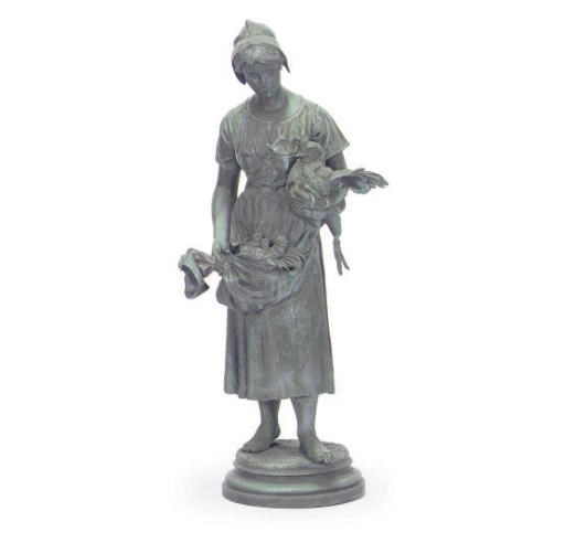 A FRENCH GREEN PATINATED BRONZE FIGURE OF A YOUNG GIRL WITH HENS AND CHICKS,