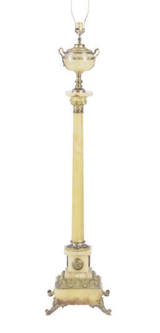 A GILT-BRONZE MOUNTED ONYX AND CHAMPLEVE ENAMEL FLOOR LAMP,