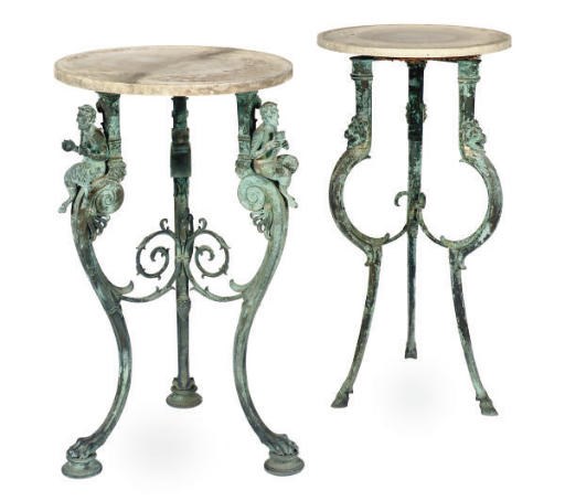 TWO PATINATED BRONZE AND STONE TRIPOD TABLES,
