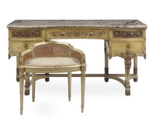 A PARCEL-GILT AND POLYCHROME-PAINTED MARBLE TOP DRESSING TABLE AND SIDE CHAIR,