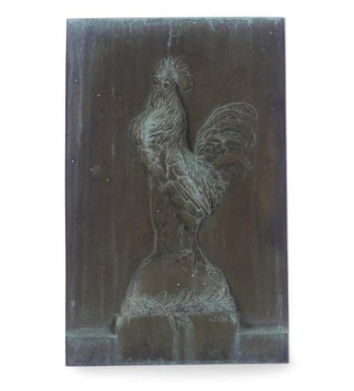 A FRENCH PATINATED BRONZE BAS-RELIEF FIGURAL PANEL OF A COCKEREL