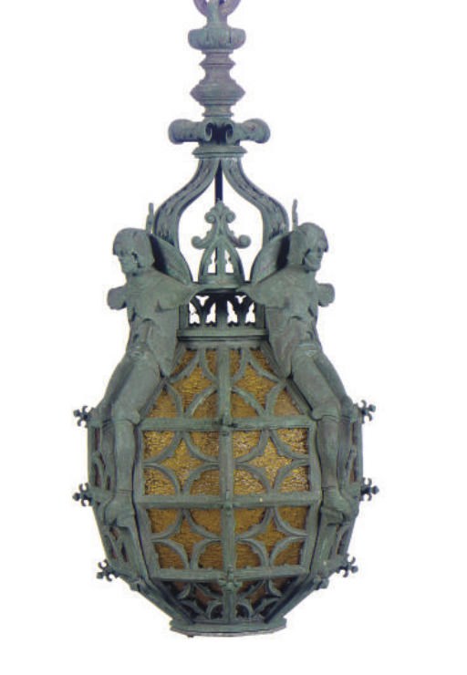 A PATINATED BRONZE AND GLASS LANTERN,