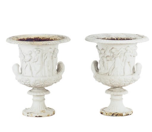 A PAIR OF PAINTED CAST-IRON RELIEF MOLDED GARDEN URNS,