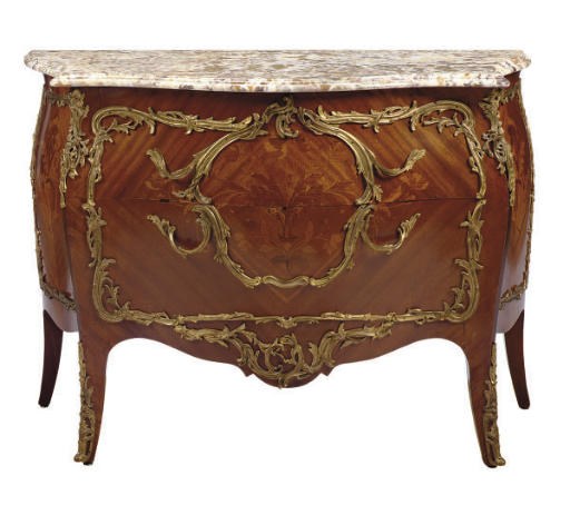 A FRENCH GILT-BRONZE MOUNTED MAHOGANY AND MARQUETRY SERPENTINE BOMBE COMMODE,