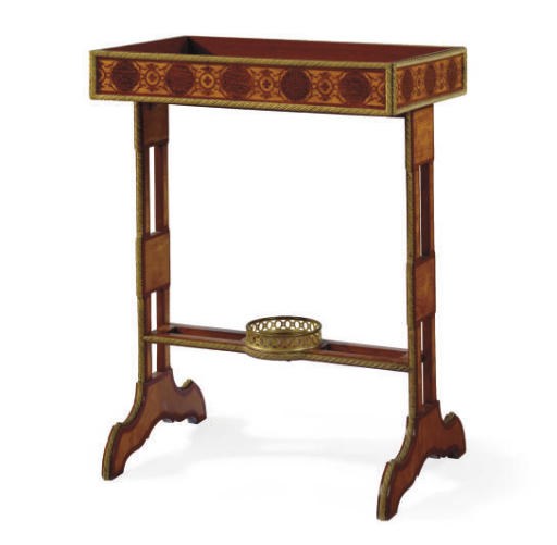 A FRENCH ORMOLU-MOUNTED MAHOGANY, SATINWOOD AND MARQUETRY TRAY-TOP OCCASIONAL TABLE