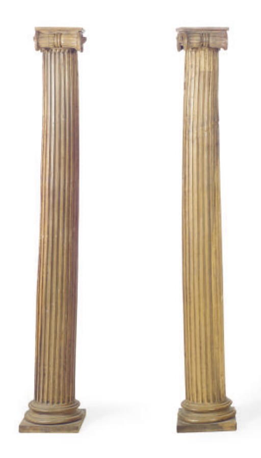 A PAIR OF OAK AND BEECHWOOD IONIC COLUMNS,