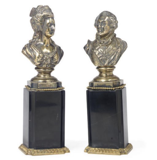 A PAIR OF SILVER-PLATED BUSTS OF MARIE-ANTOINETTE AND LOUIS XVI