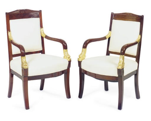 A PAIR OF MAHOGANY AND PARCEL-GILT FAUTEUILS,