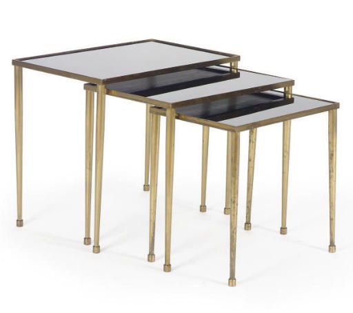 A SET OF THREE BRASS AND GLASS NESTING TABLES,