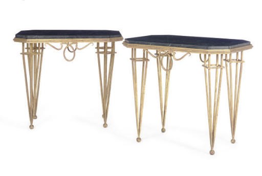 A PAIR OF ART DECO GILT-METAL AND MARBLE SIDE TABLES,