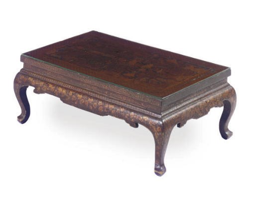 A CHINESE RED AND POLYCHROME LACQUER LOW TABLE,