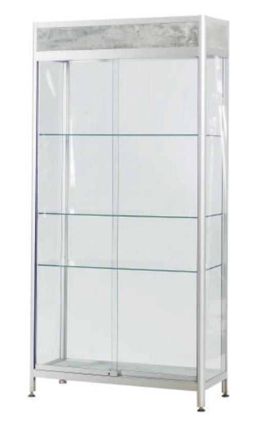 A POLISHED ALUMINUM AND GLASS DISPLAY CABINET,