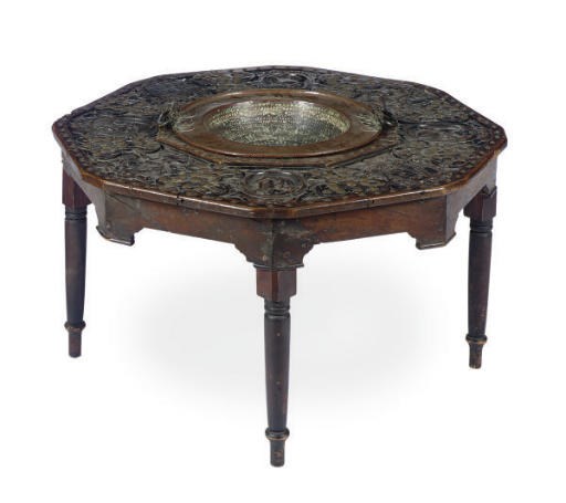A RENNAISANCE REVIVAL METAL-MOUNTED WALNUT CENTER TABLE,