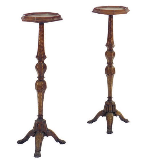 A PAIR OF CONTINENTAL INLAID WALNUT FERN STANDS,