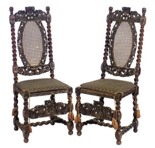 A PAIR OF ENGLISH WALNUT OPEN ARMCHAIRS,
