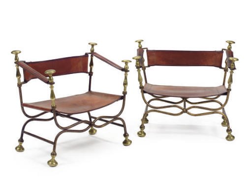 A GROUP OF FIVE GILT-IRON AND BRASS CURULE FORM ARMCHAIRS,