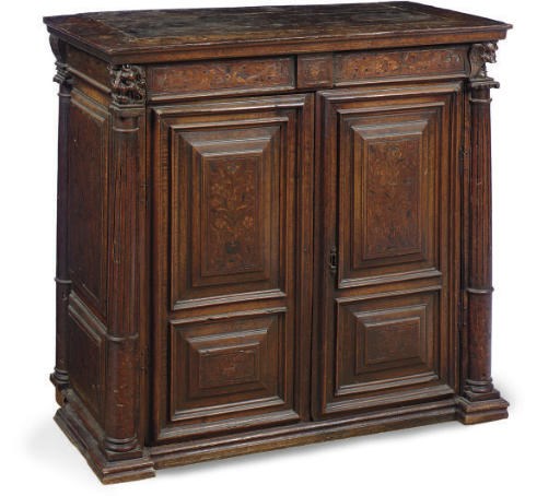 AN ITALIAN OAK, WALNUT AND MARQUETRY SIDE CABINET,