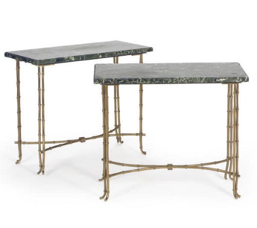 A PAIR OF FAUX-BAMBOO GILT-BRONZE AND MARBLE SIDE TABLES,