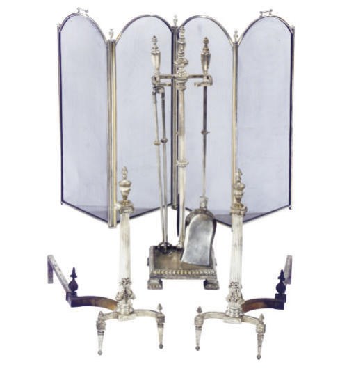 A SET OF SILVERED METAL FIREPLACE FITTINGS,