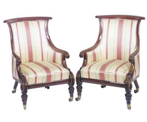 A PAIR OF WILLIAM IV MAHOGANY BERGERES,