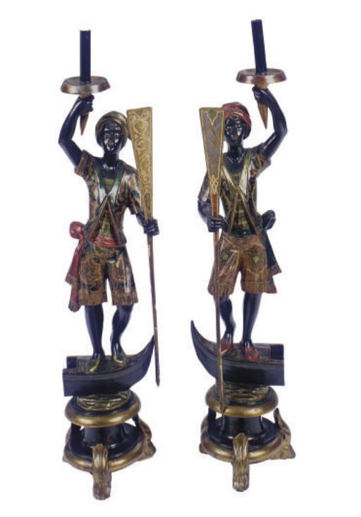 A PAIR OF POLYCHROME-PAINTED BLACKAMOOR CANDELABRA,