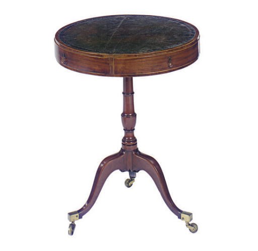 AN ENGLISH LINE-INLAID MAHOGANY DRUM TABLE,