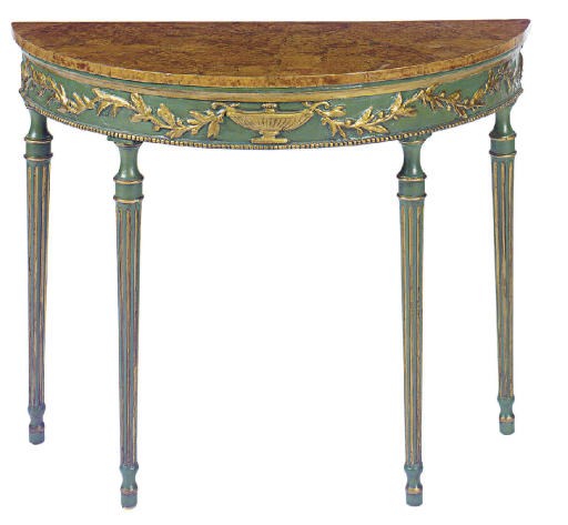 A PAIR OF ENGLISH GREEN PAINTED, PARCEL-GILT AND YEWOOD TOP PIER TABLES,