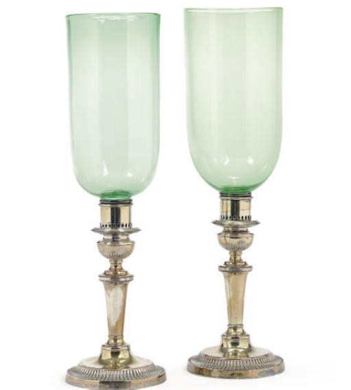 A PAIR OF OLD SHEFFIELD PLATE HURRICANE LAMPS,