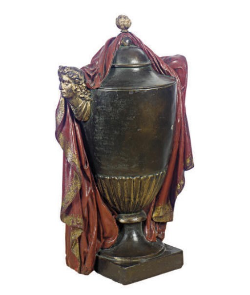 A PAINT-DECORATED AND PARCEL-GILT CAST IRON COVERED URN,