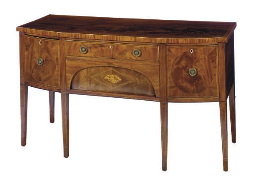 A GEORGE III INLAID MAHOGANY BOW-FRONT SIDEBOARD**,