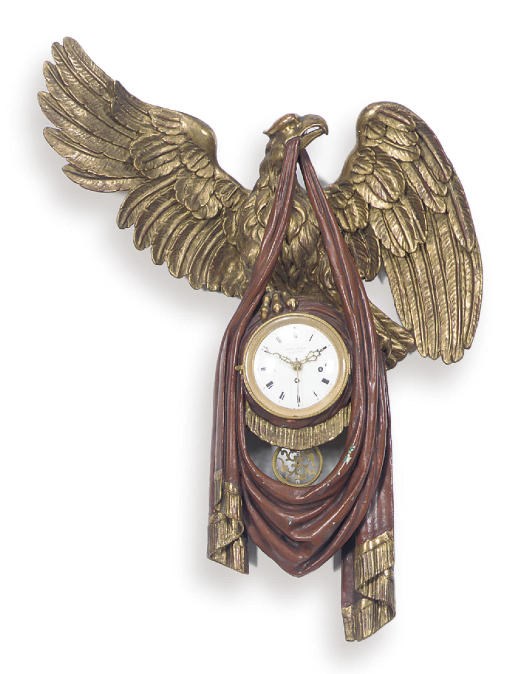 AN AUSTRIAN NEOCLASSICAL RED-PAINTED AND PARCEL-GILT WALL CLOCK,