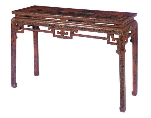A CHINESE RED AND POLYCHROME LACQUER ALTAR TABLE,