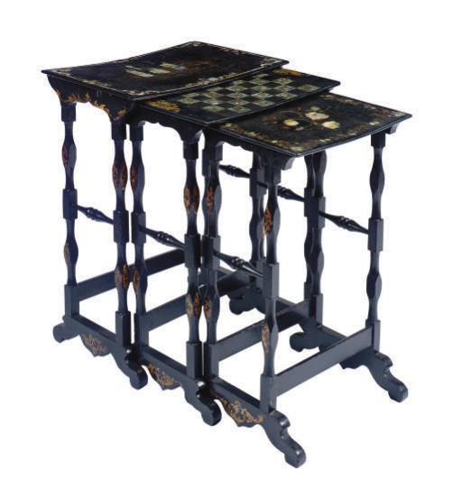 A SET OF THREE VICTORIAN PAPIER MACHE AND MOTHER-OF-PEARL NESTING TABLES,