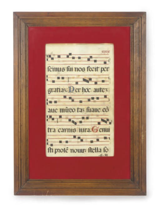 TWO FRAMED SHEETS OF A MANUSCRIPT ANTIPHONAL,